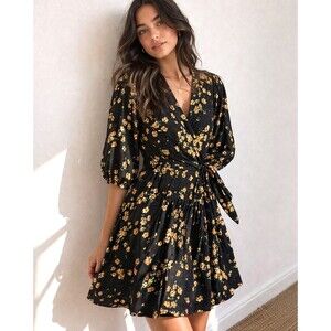 Cabi Wrap Dress Womens Small Floral Black Orange Mesh Stretch Spring Summer